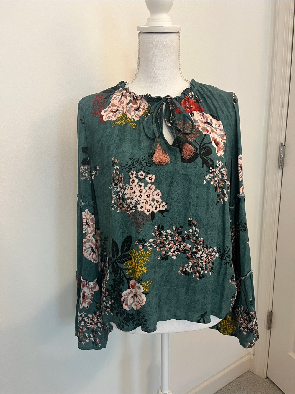 Lovestitch Boho Green Floral Tassel Tie-Neck Blouse